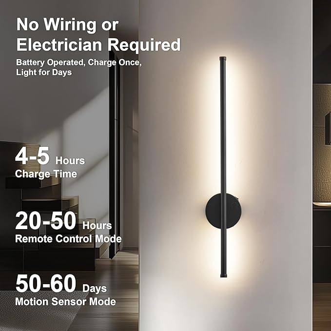 Motion Sensor Battery Operated Wall Sconce Set of Two - Modern Rechargeable Wireless Wall Lights with Remote Control, Dimmable, 3000K/4000K/6000K, Timer for Living Room, Hallway, 23.6 Inch, Black