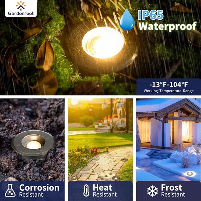 Gardenreet Low Voltage Brass Well Lights - Weatherproof LED 12V In-Ground Replaceable Bulb Fixture, Hardwired Fixture, Antique Bronze for House Wall Tree with 2700K Warm White MR16 Bulb