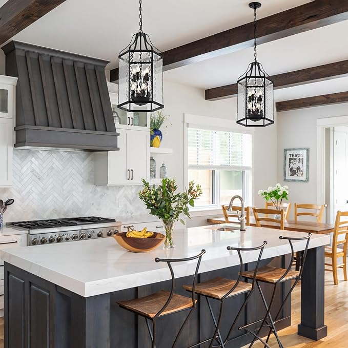 14" Modern 8-Light Exterior Black Lantern Pendant Light Fixture with Clear Rippled Glass Mini Industrial Hanging Cage Chandelier for Outdoor Kitchen Dining Room Hallway Entryway Foyer Porch