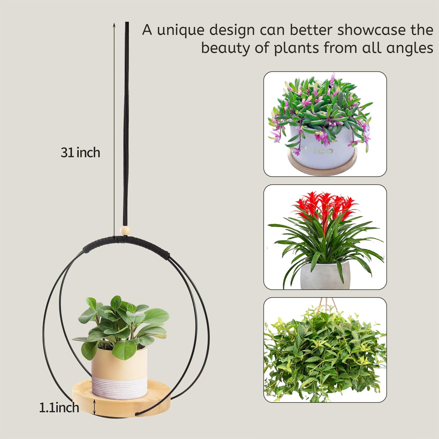 REMASS Plant Hanger Indoor - Macrame Hanging Plant Holder for Ceiling, Decorative Hanging Planter with Wooden Beads for Potted Plants, Hanging planters for indoor plants (Black,12.6in)