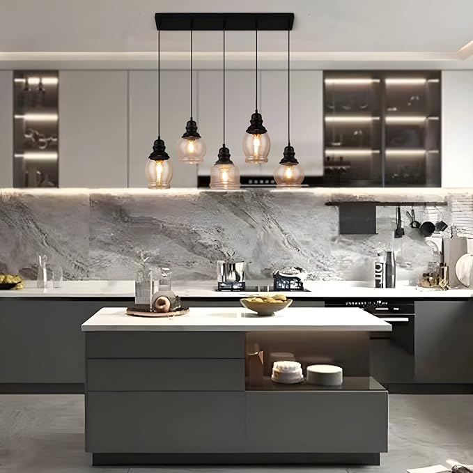 WILON Pendant Lights Kitchen Island, 5-Light Dining Room Light Fixture with Seeded Glass Shade, Farmhouse Chandeliers for Dining Room Matte Black Finish Hanging Linear Chandeliers for Kitchen Island