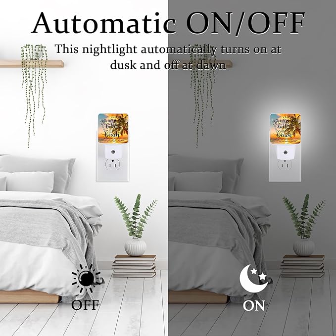 Sea Beach Palm Tree Night Light, Plug-into Wall Life is Better at The Beach Nightlight Lamp with Dusk to Dawn Sensor, Led Lamp 0.5W Energy Efficient for Boys Girls Adults Home Decor