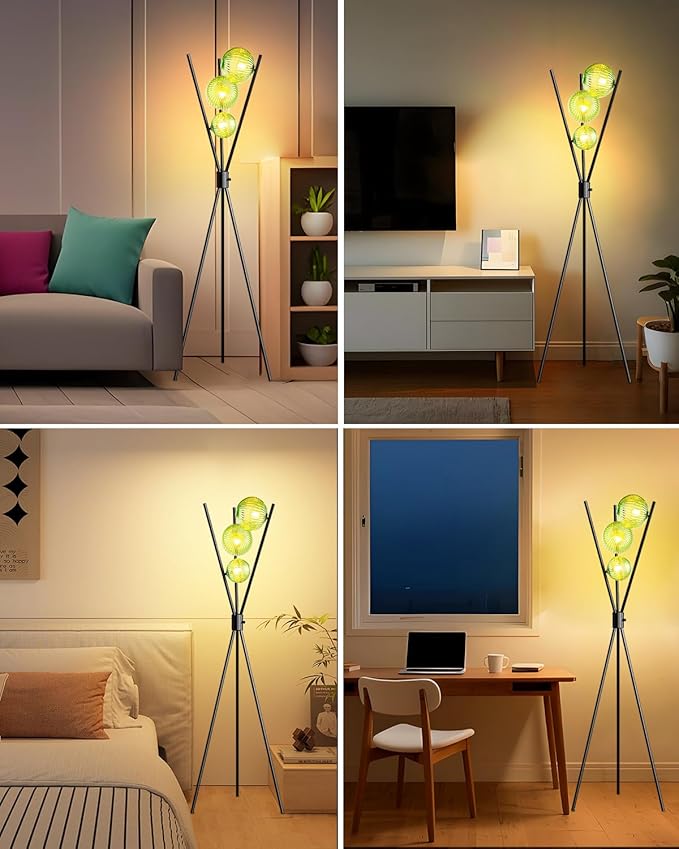 Lightdot Dimmable Black Tripod Floor Lamp, Mid Century Standing Lamps with 3 Globe Green Glass Lampshade& Bulb Included, 3000K Bulbs Included Modern Tall Lamp for Living Room/Sofa Beside/Corner Decor
