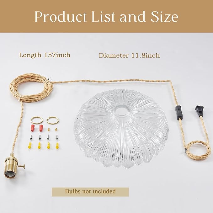 Plug in Pendant Light, 14Ft Cord Clear Glass Shade Hanging Light, Industrial Pendant Light for Dinning Room On/Off Switch Hanging Lamp Plug in, Bedroom and Kitchen Island