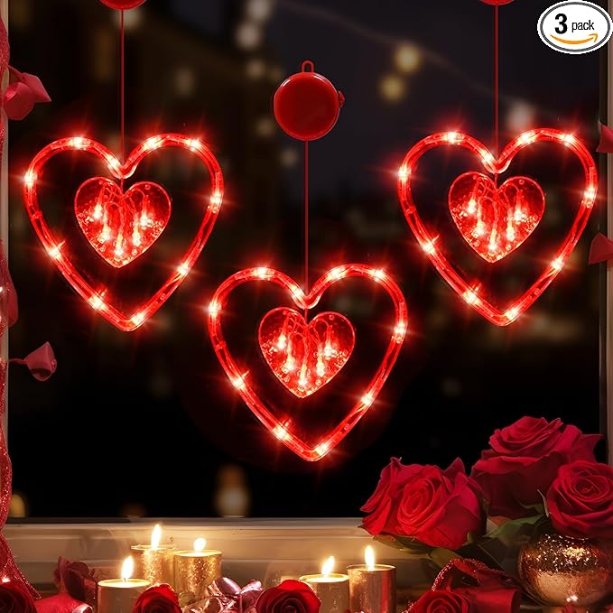 LOLStar 3 Pack Valentines Day Window Lights Decor with Timer, Battery Operated Red Heart-Shaped Window Decorations Silhouette Sucker LED Lamp Slow Fade Mode Hanging Lights for 2026 Holiday Indoor Home