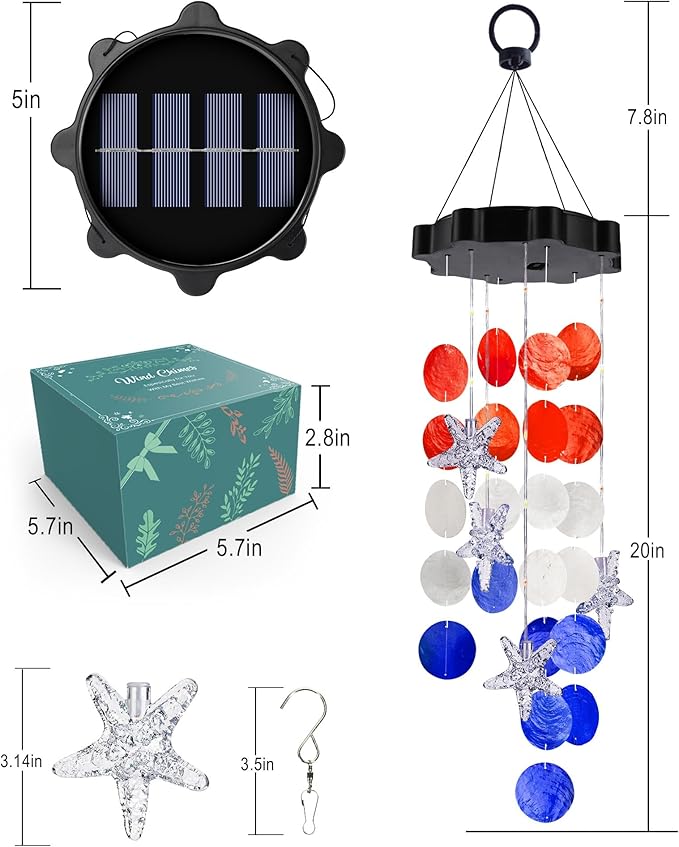Toodour Solar Decorative Lights Outdoor, Red White Blue Shells Lights Gifts for Mom Grandma Women Wife Girls, Solar Wind Chimes Outside Decorative Mobile Light for Garden Porch Yard Window Decor