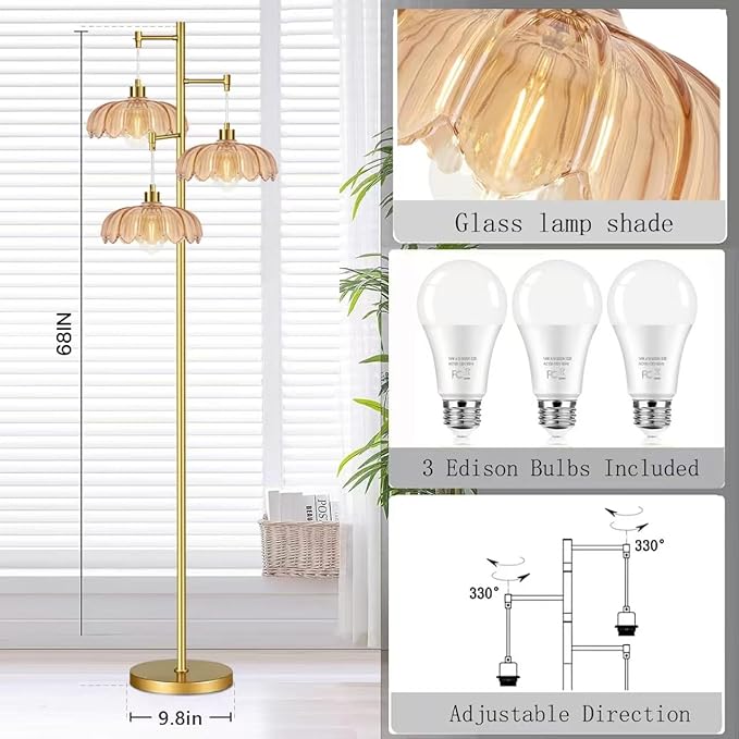 Floor Lamp for Living Room,Bedroom,Gold Mid Century Modern Standing Lamp Brass Tree 3 Light Tall Floor Lamps Vintage Retro Floor Lights Glass Flower Lamp Shade Farmhouse Boho Bohemian