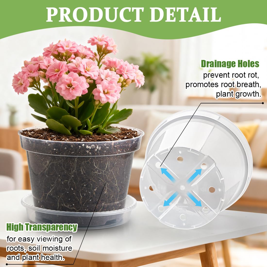 RooTrimmer 12 Pack 8 Inch Clear Plant Pots with Saucers, Transparent Plastic Nursery Pots with Drainage Hole, Sturdy Garden Planter Pots, Planting Starter Pots for Indoor Outdoor