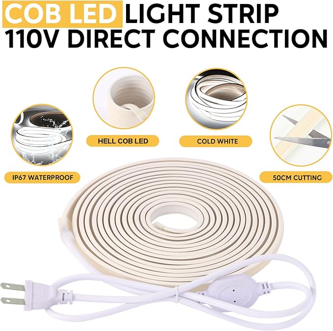 110V Outdoor Waterproof LED Strip Lights Cool White 6000K, 3m 9.84ft COB Light Strip for Outdoor, Kitchen, and Cabinets (Cold White, 9.84ft)