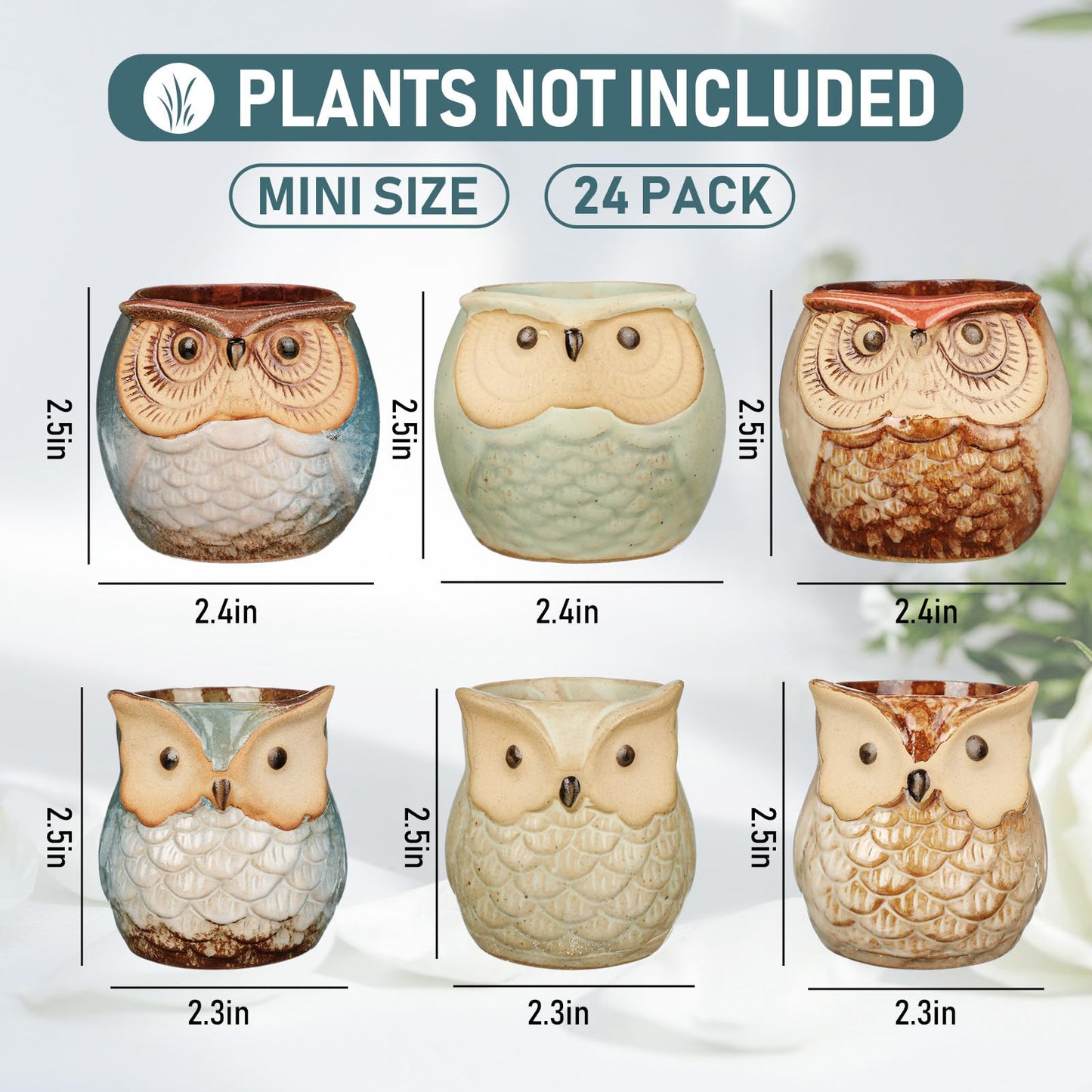 Nitial 24 Pack Owl Succulent Plant Pots Mini Small Ceramic Pots with Drainage Hole Cute Planters for Plants, Plants Not Included, Home Office Desk Garden Gift Ideas, 2 Size