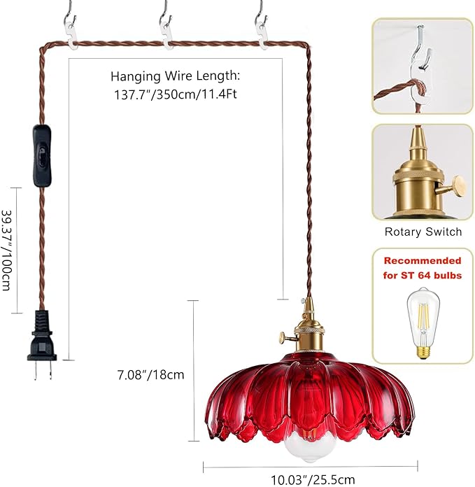 Plug in Pendant Light: Hanging Light Plug in Red Glass Hanging Lamp, Pendant Lighting for Kitchen Island, Bedroom, Dining Room, Living Room, E26 No Bulb