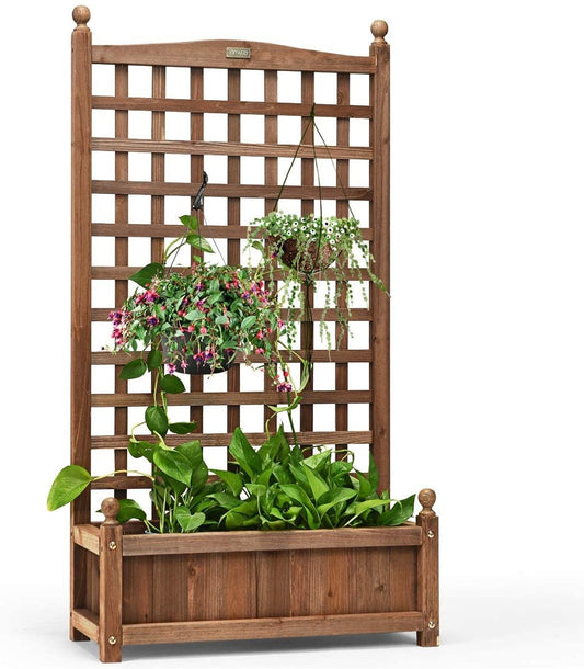 GRAFFY Wood Planter Raised Bed with Trellis, Outdoor Raised Garden Bed, Planter Box for Climbing Plants w/Drainage Holes, Free-Standing Raised Planter for Patio Garden Yard