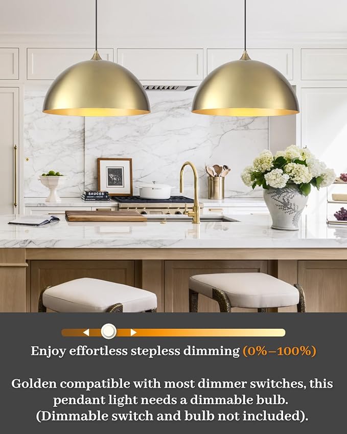 Gold Dome Pendant Light, 16 Inch Large Gold Pendant Light Kitchen Island, Industrial Farmhouse Pendant Lights for Kitchen Island, Dining Room, Cafe, Bar, 1 Pack