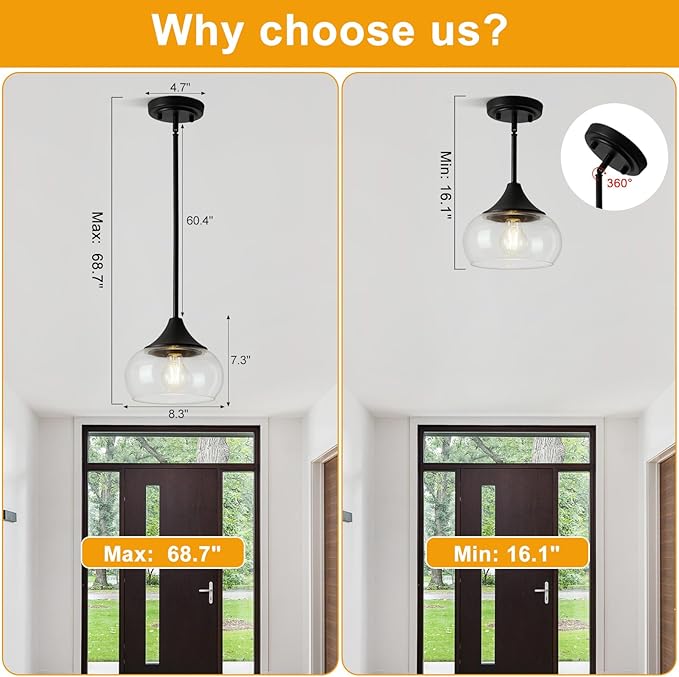 2 Pack Pendant Lights Kitchen Island, Modern Black Pendant Light Fixtures with 8.5" Clear Glass Shade, Industrial Hanging Pendant Lights Fixture for Kitchen Island Dining Room Bedroom Hallway Entryway
