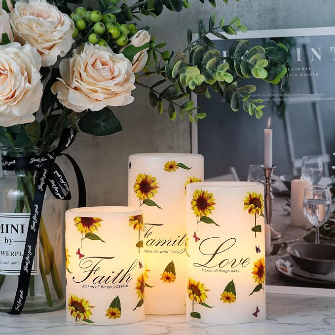 DRomance Sunflower Flameless Flickering Candles with 6H Timer, Set of 3 Battery Operated White Real Wax LED Pillar Candles Party Dinner Wedding Spring Decor(3 x 4,5,6 Inches)
