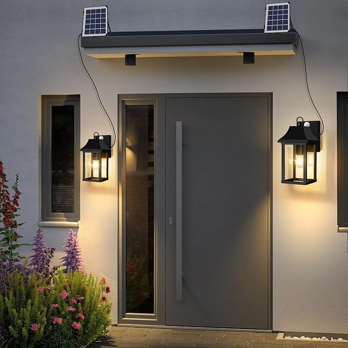 OKELI Porch Lights Outdoor Dusk to Dawn Motion Sensor Solar Wall Lantern Separate Panel & Battery Replaceable Exterior Waterproof Wall Sconce Lighting Lamp (Black A, 2 Pack)