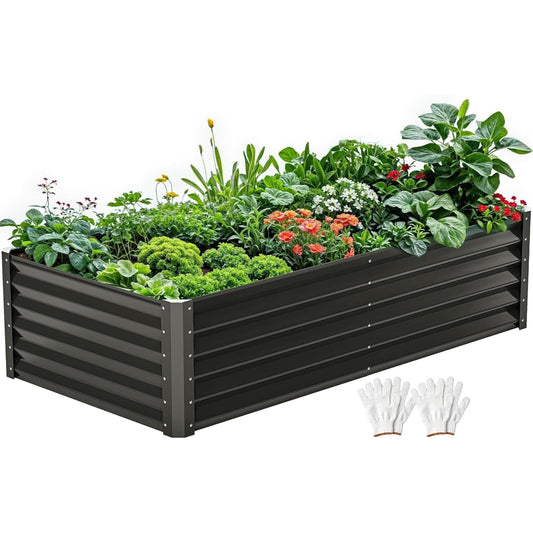DWVO 6 x 3 x 1.5 FT Raised Garden Bed Kit, Outdoor Galvanized Flower Bed with Gloves, Large Metal Planter Box for Vegetables, Flowers, Herbs, Fruits, Black