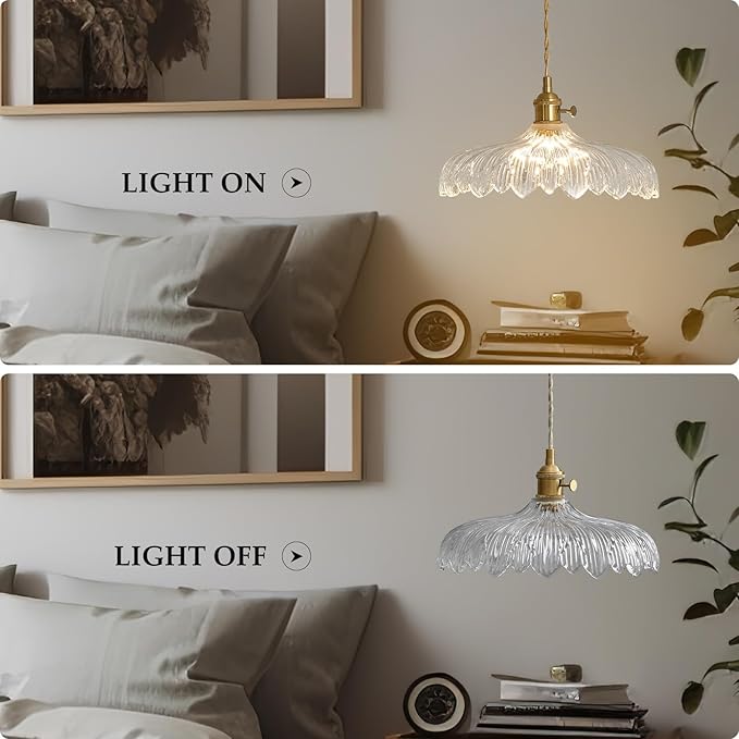 Pendant Lights, 11.8 Inch Hanging Lamp Adjustable 6.5Ft Cord Hanging Lamp Clear Flower Glass Shade Pendant Light Fixture Hanging Pendant Lights for Bedroom