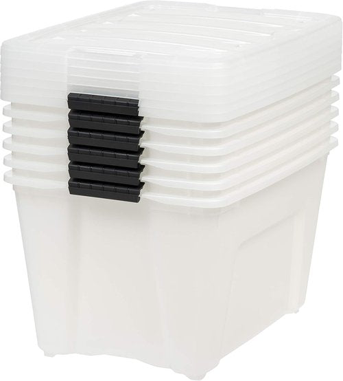 IRIS USA 54 Quart Stackable Storage Bins - Durable Plastic Containers with Lids & Latching Buckles, 6 Pack | Pearl Color