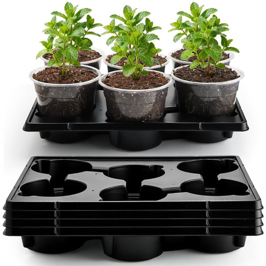RooTrimmer 30 Pack 6 Inch Clear Nursery Pots and 5 Pack 6 Cell Round Plant Pot Trays, Sturdy Seeds Starting Germination Shuttle Carrying Trays, Planter Nursery Propagation 5 Sets