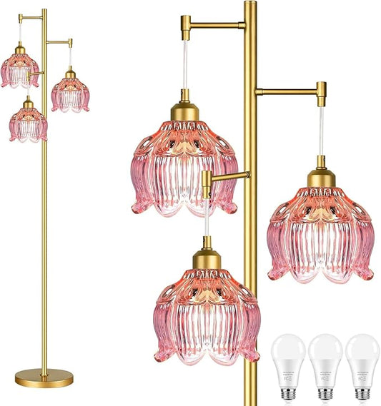 Glass Floor Lamp for Living Room,Bedroom,Gold Flower Mid Century Modern Standing Lamp Brass Tree 3 Light Tall Floor Lamps Vintage Floor Lights Pink Lamp Shade Farmhouse Boho Bohemian