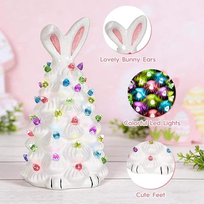 Cute Ceramic Easter Tree Bunny Decor, Light up Easter Bunny Decor Spring Decorations for Indoor Bedroom Office Decor Tabletop for Kid Gifts (White)