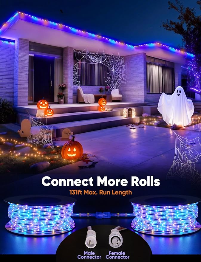 131FT Outdoor LED Strip Lights RGB+IC with Warm&Cool White, ETL Listed Music Sync Light Strip AC 120V, IP65 Waterproof and Connectable, for Party Festival Eave Porch Patio Every Day Decor