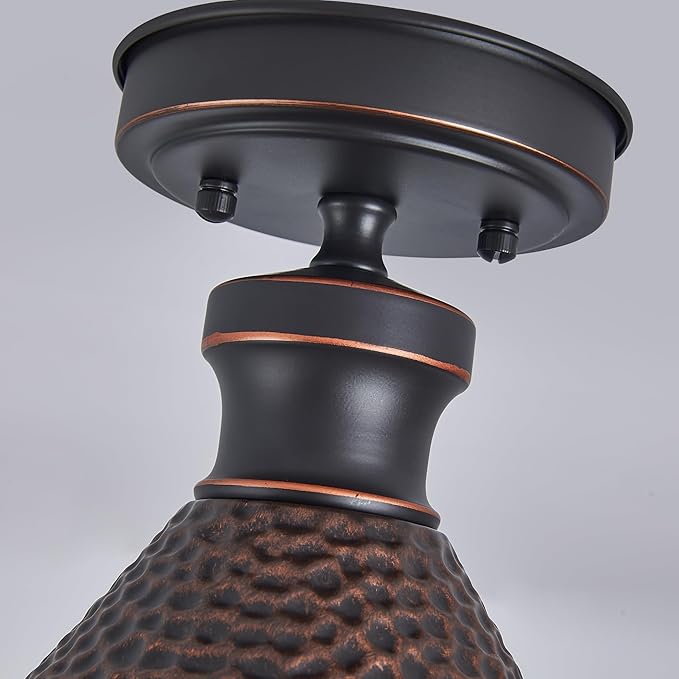 9.2" Industrial Semi Flush Mount Ceiling Light,Vintage Hammered Pattern Cast Aluminum Shade,1-Light E26 Classic Lamp,Oil Rubbed Bronze Farmhouse Lighting for Hallway Kitchen Entryway.