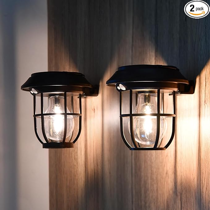 2 Pack Solar Lantern Wall Lights Fixtures with Motion Sensor, Solar Powered Porch Light, Vintage Hanging Solar Wall Sconce Outdoor,for Porch, Yard