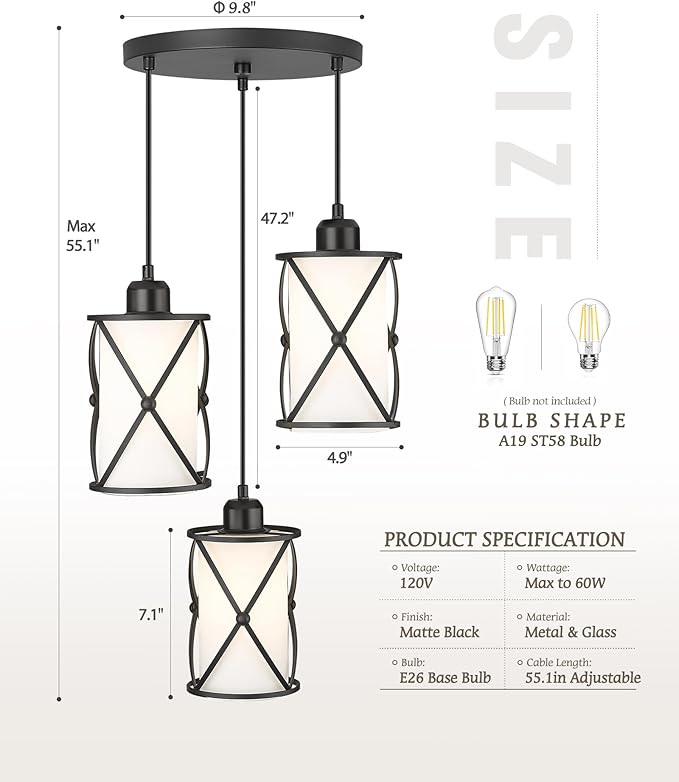 3-Light Dining Room Chandelier Light Fixtures, Black Pendant Lighting with Frosted Glass, Modern Kitchen Island Cluster Hanging Pendant Lights for Sink, CH9176BKW3