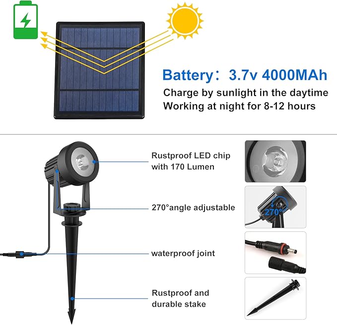 Solar Spot Lights Outdoor, Landscape Spotlights IP65 Waterproof 9.8ft Cable, Dusk to Dawn Solar Uplights for Trees Garden Yard Driveway Porch Walkway Pool (6-in-1, 6000K Cool White)