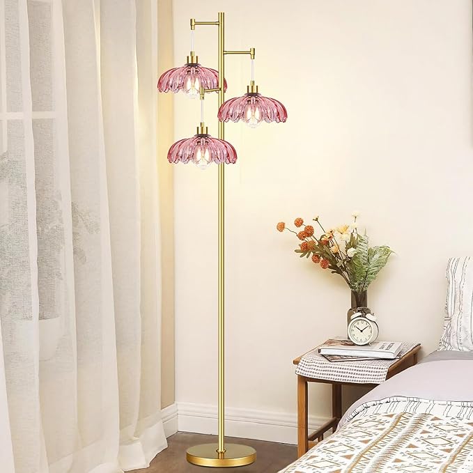 Pink Floor Lamp for Living Room,Bedroom,Gold Flower Mid Century Modern Standing Lamp Brass Tree 3 Light Tall Floor Lamps Vintage Floor Lights Glass Lamp Shade Farmhouse Boho Bohemian