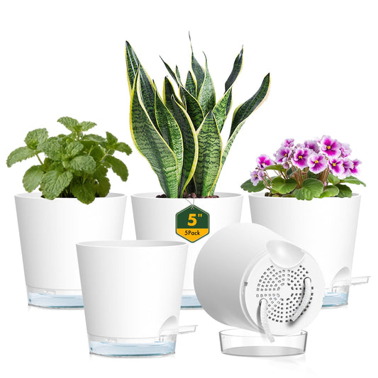 Meowell 5 inch Self Watering Flower Pots for Indoor Plants, 5 Pack Small Plant Pots with Drainage Holes & Clear Reservoir for Visible Water Level, Plastic Wicking Planter Pots for House Plants, White