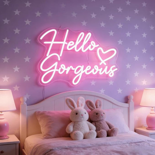 Hello Gorgeous Neon Light for Wall Decor, Pink USB Powered LED Sign with Dimmable Switch, Neon Sign for Home, Wedding, Birthday Backdrop, Party (Pink)
