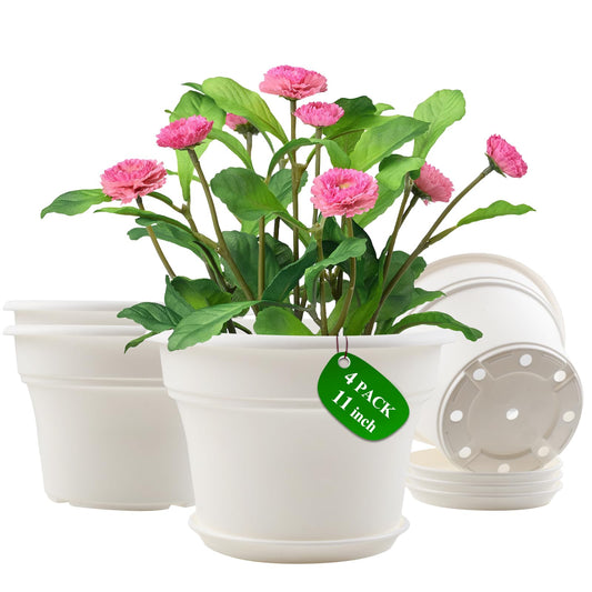 Pottiffe 11 Inch Plastic-Flower-Pot-for-Indoor-Plants, 4 Pack Large Outdoor Planter Pot with Drainage Holes & Saucers, Resin Decorative Garden Pots Planters
