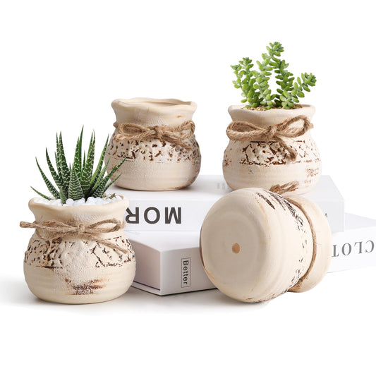 T4U Succulent Pots Set of 4, 3.5 Inch Small Plants Pots, Small Ceramic Pots with Drainage Holes, Succulent Planters for Indoor Plants, Succulent Gift for Women, Mom, Plant Lover, Bookshelf Decor