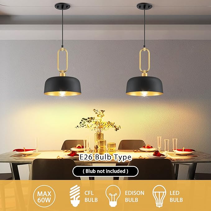 Industrial Pendant Lighting Fixture, Black and Gold Farmhouse Pendant Light, Adjustable Kitchen Lights Ceiling Hanging for Kitchen Island Hallway Dining Room 3 Pack