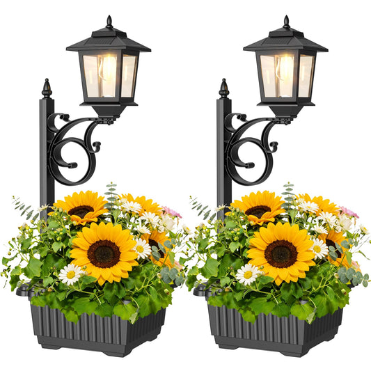 2 Pack Outdoor Flower Pots 2 in 1, Solar Post Lamps Waterproof, Solar Lamp Post Lights, Wall Mount or Freestanding, Outdoor Decorative Lamp for Garden, Patio, Front Porch, Back Door, Warm White.