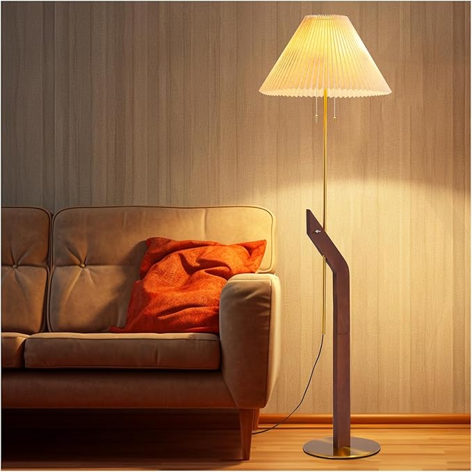 Wood Floor Lamp,Mid Century Modern Floor Lamp,Floor Lamps for Living Room, Height Adjustable Study Room,Bedroom,Office Gold Tall Standing Lamp