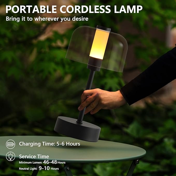 Black Rechargeable Cordless Table Lamp,Portable Modern LED Night Light,Battery Operated Lamp,3 Color Stepless Dimming Up,for Restaurant/Bedroom/Bars/Outdoor Party/Camping/Coffee Shop
