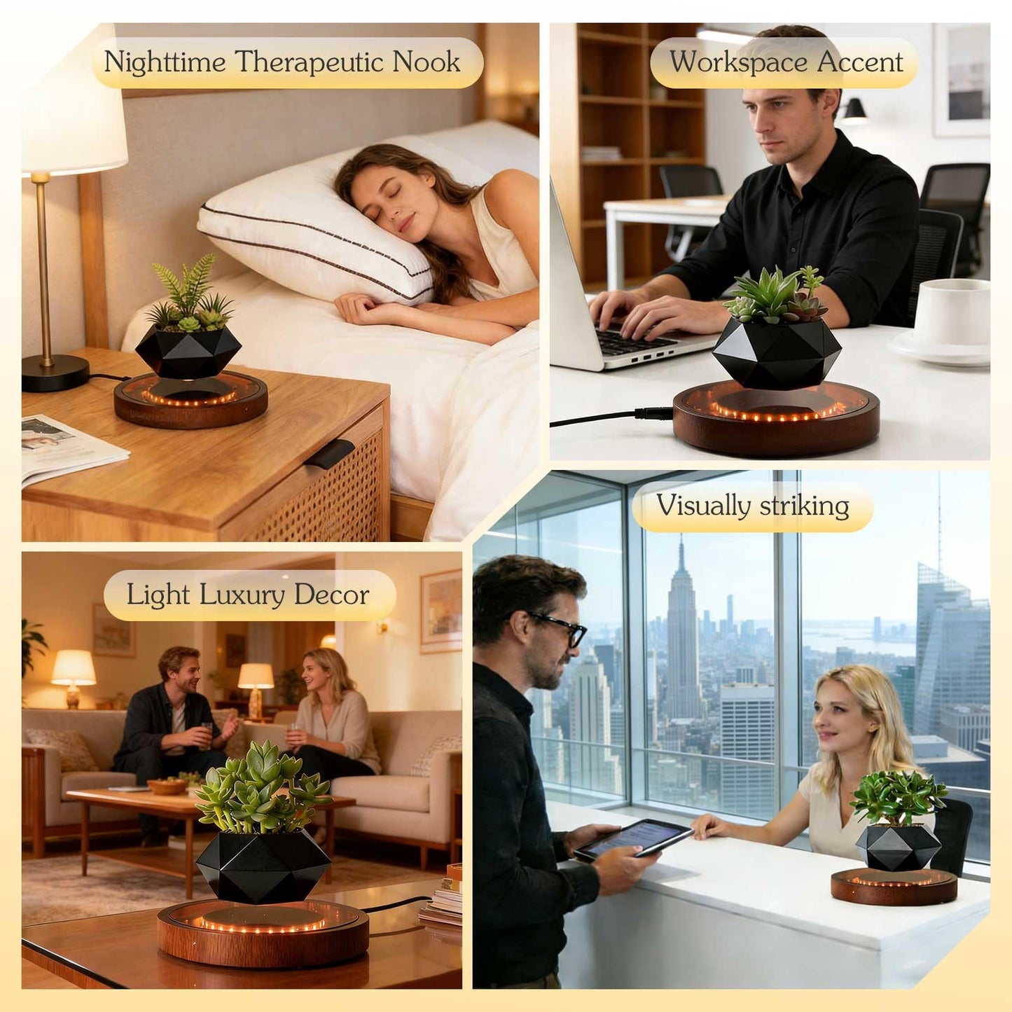 CENTRALEV Magnetic Levitating Plant Pot,Rotating Floating Planter for Succulents Air Plants,Unique Desk Decor with LED Light for Home Office, for Christmas, Valentine‘s Day, Mother’s Day