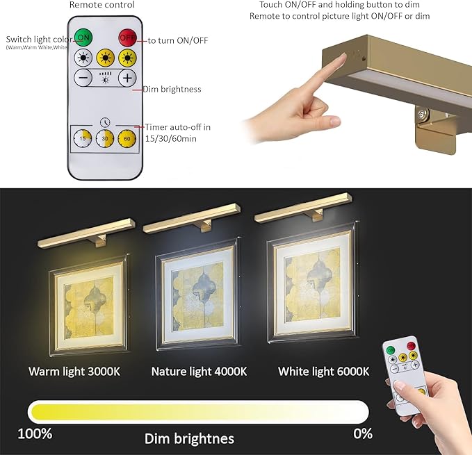 MIOBLUE Rechargeable Picture Lights with Remote, 16" Battery Operated Painting Light Display Lamp with 3 Lighting Modes, Dimmable Dartboard Light with Timer for Frame Portrait Art, Metal Body