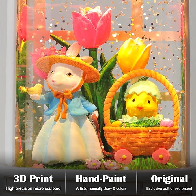 Easter Snow Globe Lantern Bunny Easter Decorations for Home with Timer Swirling Glitter, Lighted Indoor Decor Gifts with Basket Eggs Chicken, USB or Battery Operated