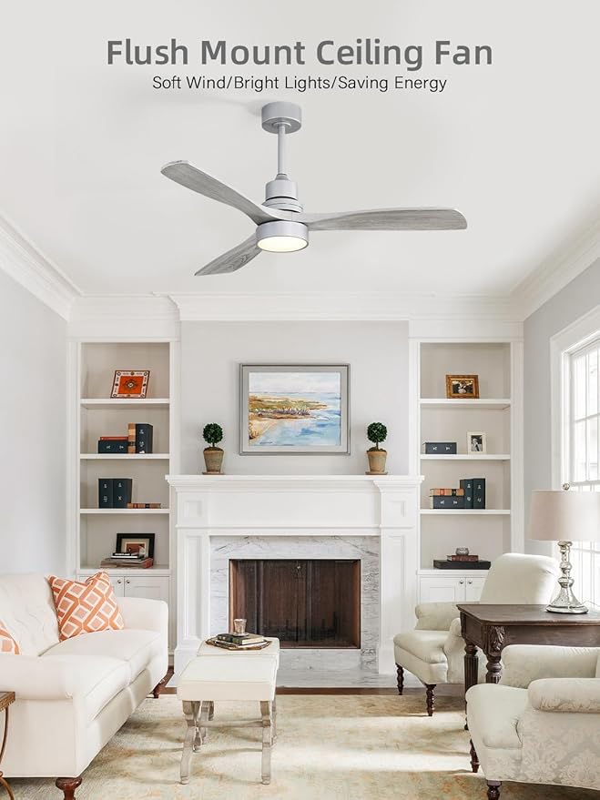 Sofucor 52 Inch Ceiling Fan with Lights and Remote Control-Modern Solid Wood Blade Ceiling Fan for Bedroom Living Room Indoor Outdoor Farmhouse Patio, Quiet DC Motor, Silver Grey