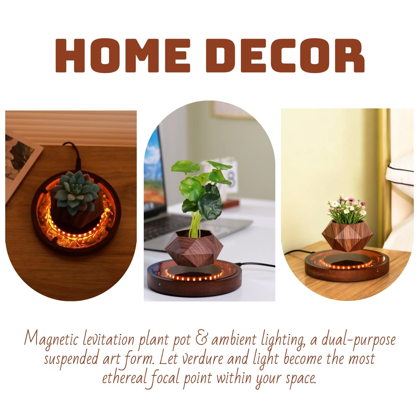 MOOCCI Levitating Plant Pot with Light, Magnetic Floating Flower Pot with Rotating and Auto-Spinning, Brown Wood Grain Planter for Succulents, Cool Desk Decor for Home Office, Unique Gift Idea