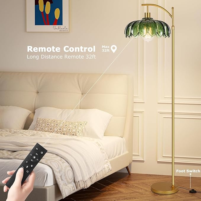 Gold Floor Lamp for Living Room,Bedroom,Mid Century Modern Standing Lamp with Remote,Dimmable Brass Tall Lamp Green Glass Lamp Vintage Retro Arc Floor Lamps Flower Floor Light Boho Bohemian