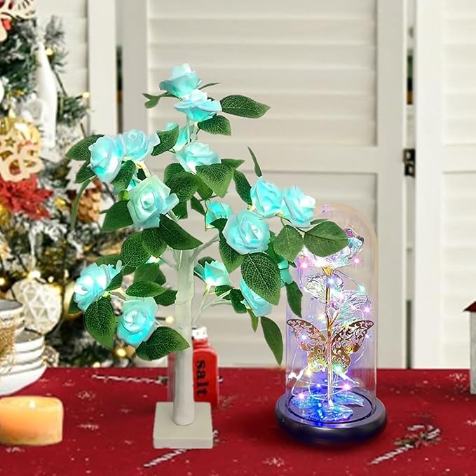 Tabletop Rose Flower Light,Mini Light up Bonsai Tree with Light Blue Rose Flower, Valentine Day Tree Lamp for Fireplace Bedroom Home Wedding Party Decor,21.6Inch