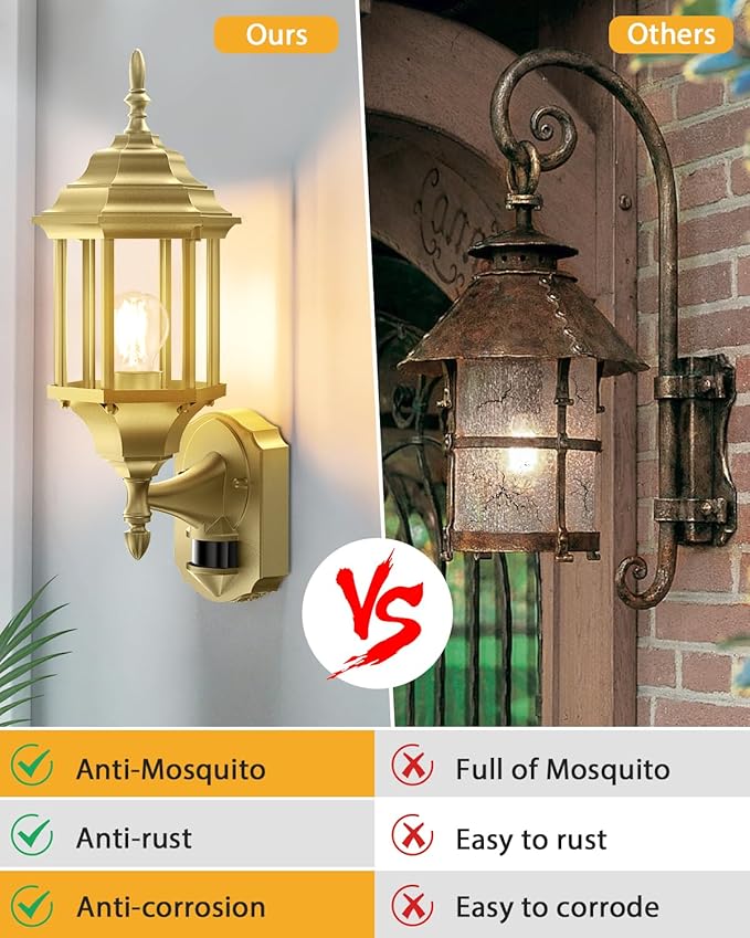 Redluck Motion Sensor Outdoor Lights, 16 inch Dusk to Dawn Outside Porch Lights, Waterproof Anti-Rust Aluminum Outdoor Wall Lights Exterior Lighting Fixtures for House, Garage, Front Door, Gold