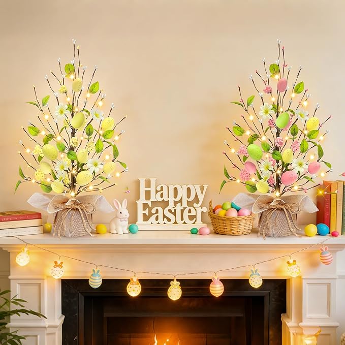 2 Pack & Timer - Easter Decorations, 18 Inch Lighted Easter Tree Tabletop with 40 LED Warm White Lights Colorful Eggs Floral Berries Battery Operated Easter Egg Tree Home Indoor Party Spring Decor