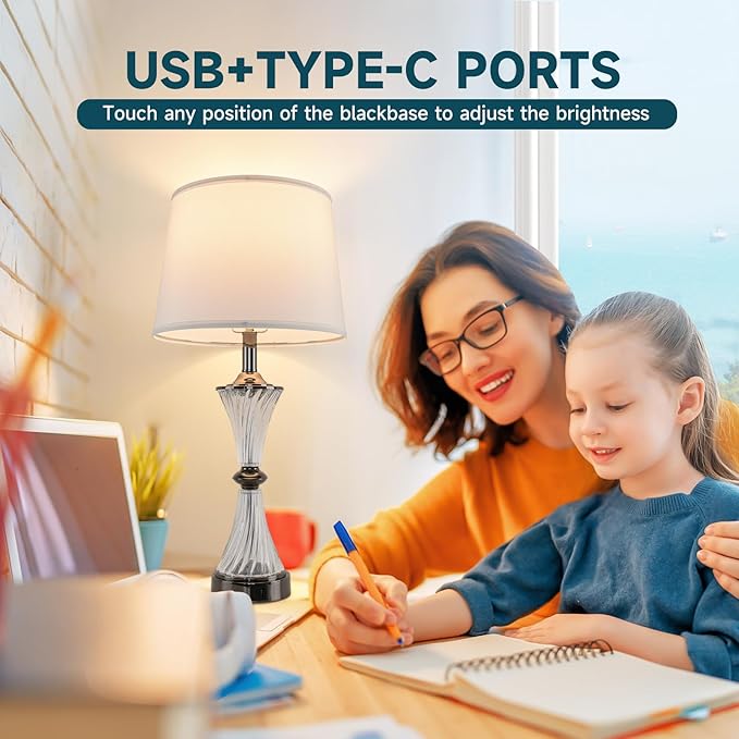 Terpsichore Touch Dimmable Table Lamps Modern Glass Table Lamp LED Lights Coastal Light USB Powered Desk Lights Bedside Crystal Lamps Nightstand Lamp Set of 2 & Outlets for Bedroom, Living Room